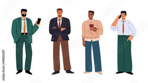 Businessmen wearing formal clothes talking on phone or drinking coffee. Vector in flat style, isolated business character set. Men busy with work duties, front view of male personages, managers