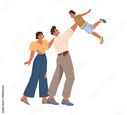 Dad and mom with kid spending time together. Vector isolated family of mother and father with son. Happiness on faces of parents and child. Holiday celebration or weekends bonding at home