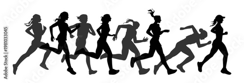 Team of athletes running side by side. Vector human silhouettes in active motion. Symbol of speed, energy and physical activity. Marathon or jogging group. Figure shadows of sprinting people