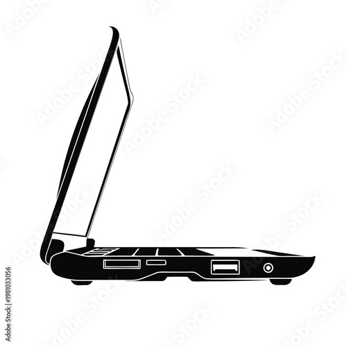 Laptop computer, side view, black silhouette, vector illustration, technology icon, modern device