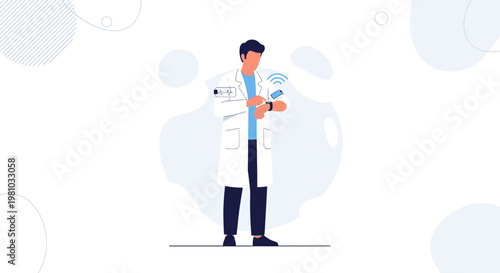 Doctor using smartwatch for medical data and wireless connection