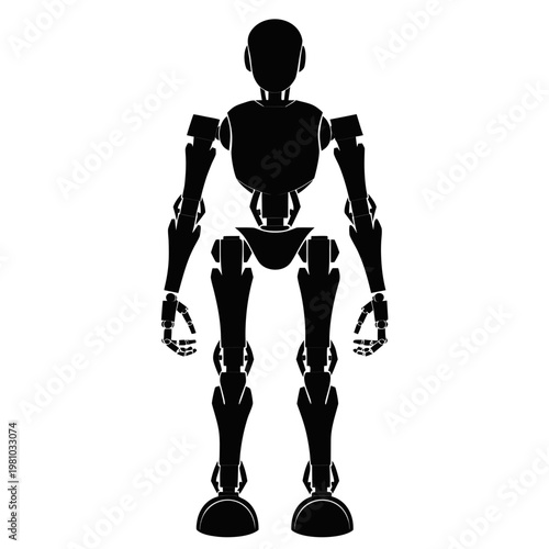 Black robot, humanoid silhouette, mechanical figure, vector illustration