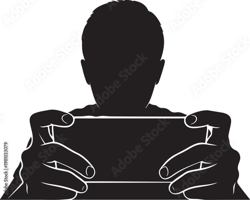 Black silhouette man holding smartphone horizontally with both hands