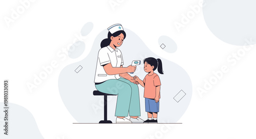 Nurse taking child's temperature with digital thermometer, healthcare concept illustration