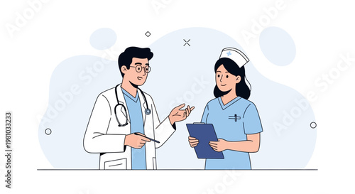 Doctor and Nurse Discussing Medical Case with Clipboard and Stethoscope