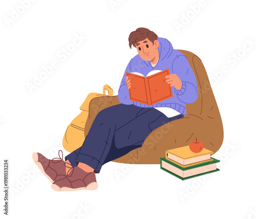 Reading student boy, sitting in cozy chair, preparing for school lessons or exam. Vector in flat style, isolated college or university pupil loaded with textbooks, reader learning for assignment