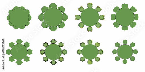 Overhead view of green rounded shapes resembling stylized turtles