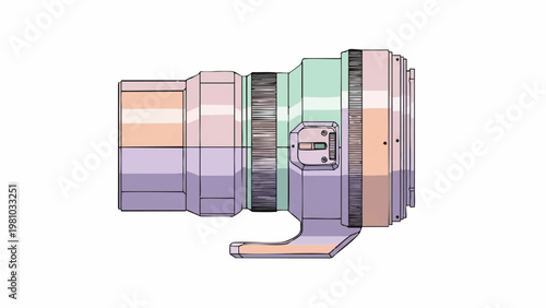 Close-up illustration of a photography lens with a neutral color palette and a professional design