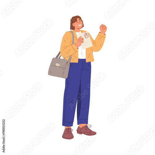 Student girl achieve best grade in school, university or college. Vector in flat style, isolated teenage character, studying and learning success and achievement. Smart teenager with exam paper