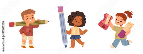 Children interacting with oversized school supplies. Vector male and female cartoon characters with big pencils, erasers and sharpeners. Boys and girls in playful and joyful poses. Kids running
