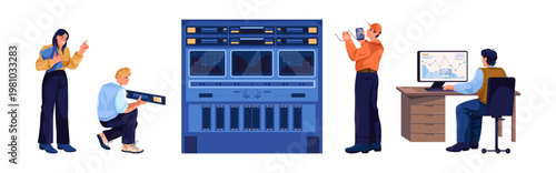 IT professionals working in data center. Vector isolated people working with equipment, inspecting and managing large servers. Hightech environment for digital information storage and cloud computing