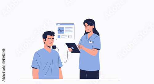 Doctor monitoring patient with tablet and medical device, healthcare technology concept
