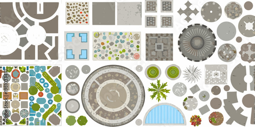 Collection of stylized top down views of circular and geometric designs