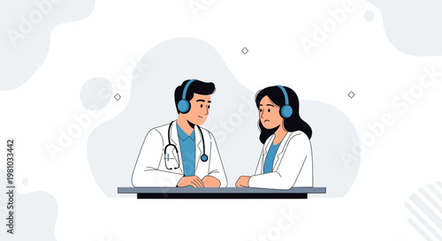 Doctor and patient wearing headphones, discussing medical issue, telemedicine concept