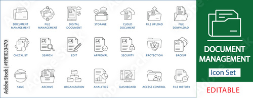 Document Management Icon Set Professional Digital File Storage, Cloud Document, Security, Backup, Sync, Approval, Archive, Analytics, Access Control, and Organization System Line Icons.