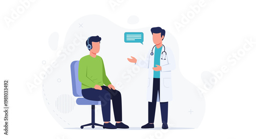 Doctor consulting patient with headphones, healthcare communication concept