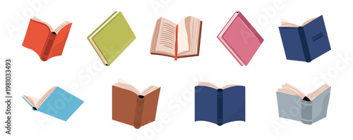 Close and open books with bookmark. Vector isolated reading publication and encyclopedias. Studying and education process. Volume with recipes for cooking or journal, personal diary