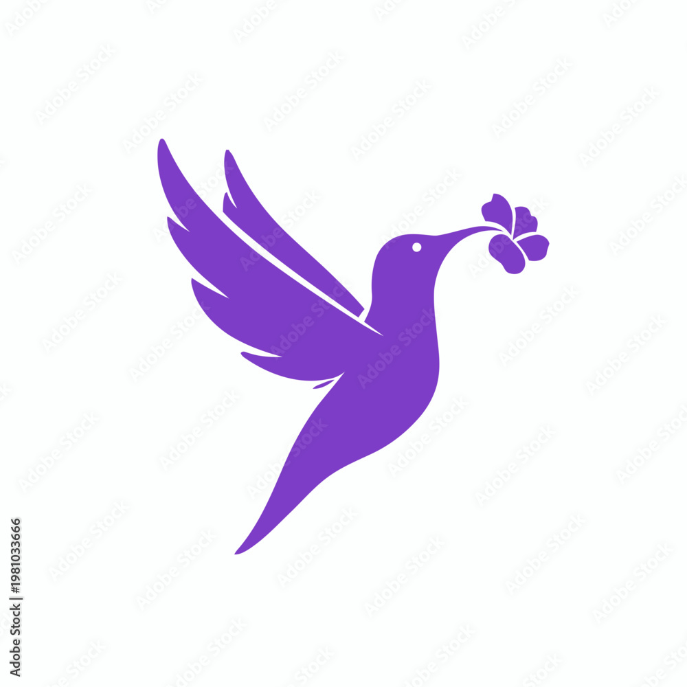 Fototapeta premium Purple hummingbird icon in flight with flower