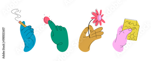 Human hands holding different objects. Vector set of cartoon arms with cigarette and flower, sheet of paper and button. Palms with fingers. Gestures and positions for projects and advertising