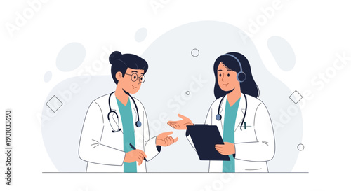Two doctors discussing medical case, one holding clipboard, modern flat illustration