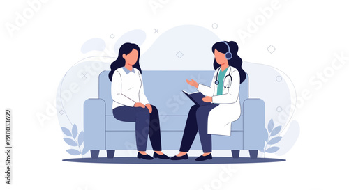 Doctor consulting patient on couch, mental health, therapy session, healthcare concept