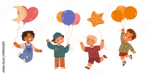 Cute boy characters holding different shaped balloons. Vector excited little personages with inflatable toys. Children having fun on party or special event with decoration objects, birthday