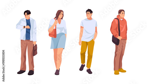 Men and woman walking individually or on city streets or sidewalks. Vector male and female characters strolling. Urban mobility and pedestrian activity. Lifestyle and everyday motion in outdoor
