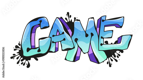 Game word, isolated modern graffiti with splashes of paint, vivid texture and vibe design. Vector in flat style, street artwork for wall, typographic element for cover page or youth banner