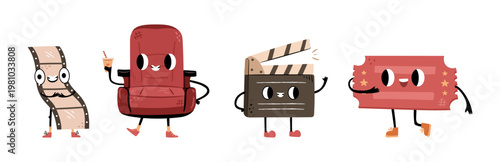 Smiling cinema mascots set. Vector isolated cute cartoon characters with legs and hands. Groovy stylish personages with excited facial expression. Film strip and seat with soda, clapper and ticket