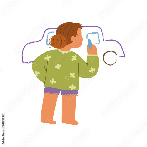 Kid girl painting on wall with colorful wax crayons. Vector in flat style, scribbles and car drawing. Cute kiddo back view, development of imagination and artistic skills, preschooler child