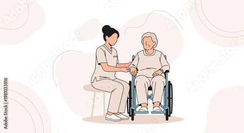 Nurse assisting elderly woman in wheelchair, home care, support, compassion, medical help