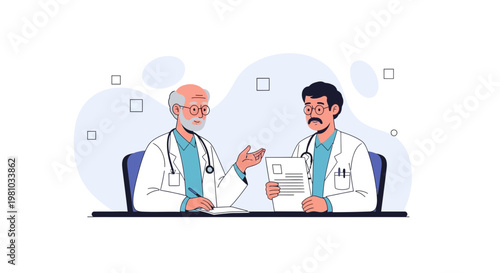 Two doctors in consultation, discussing medical documents in a modern clinic setting.