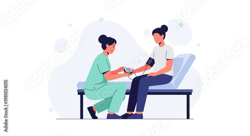 Nurse checks patient's blood pressure on examination table in clinic, medical checkup illustration