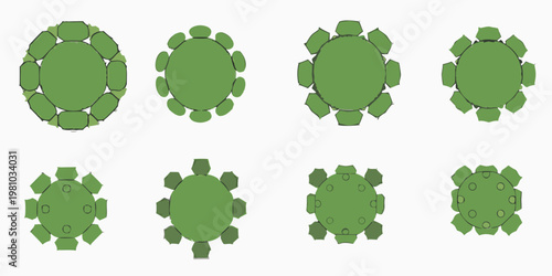 Overhead view of green rounded tables arranged in various configurations
