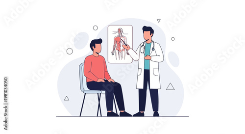 Doctor explaining anatomy to patient in clinic, medical consultation illustration