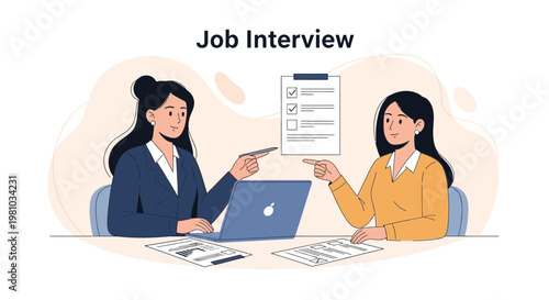 Job Interview: Recruiter and Candidate Discussing Resume with Laptop and Checklist