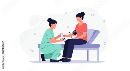 Nurse measures blood pressure of patient sitting on examination bed, medical checkup