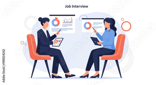Job Interview: Two Businesswomen Discussing Charts and Data on Tablets