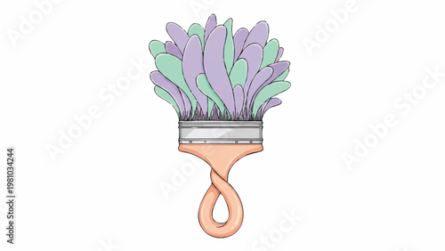 Artistic paintbrush with a whimsical swirling handle and a delightful blend of purple and green bristles, perfect for creative designs and artistic endeavors