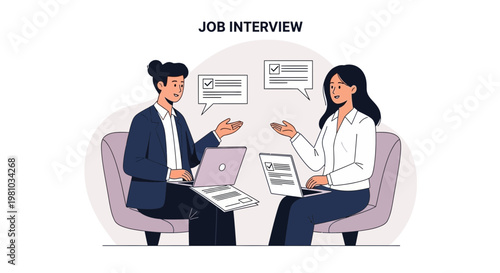 Job Interview: Two Professionals Discussing Careers with Laptops and Checklists