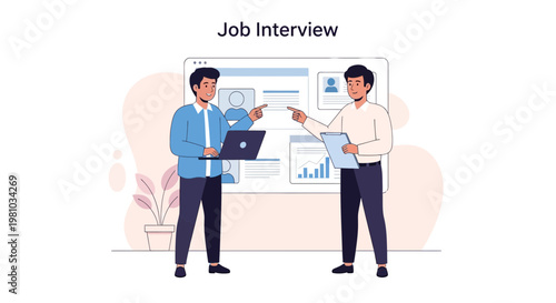 Job Interview: Two Men Discussing Candidate Profile on Laptop and Tablet