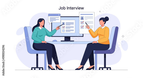 Job Interview: Two women discuss resume and career in a modern office