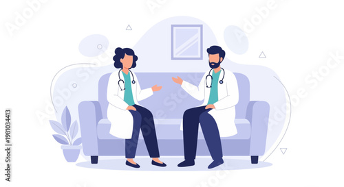 Two doctors in white coats discussing medical cases while sitting on a sofa.