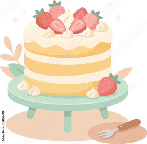 Cute Pastel Layered Strawberry Cake with Whipped Cream