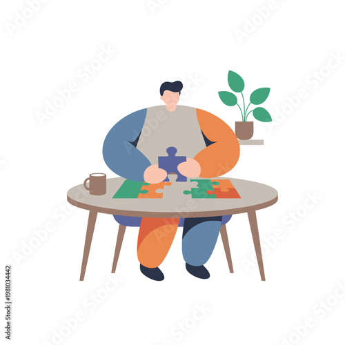 Person Solving Jigsaw Puzzle at Table.