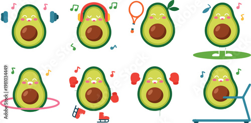 Set of cute avocado characters playing sports in simple children flat style, funny fruit mascots with hands and feet vector collection