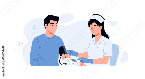 Nurse checking patient's blood pressure with digital monitor, healthcare concept
