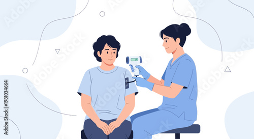 Nurse checking patient's temperature with infrared thermometer, healthcare concept illustration