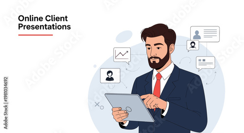 Man doing online client presentations on tablet, business growth charts, icons