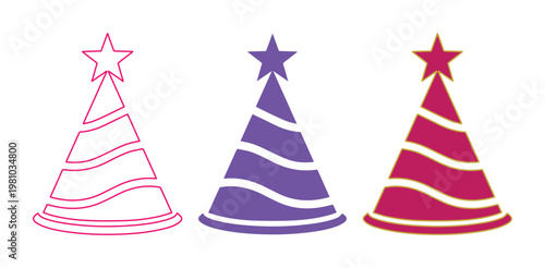 Colorful party hat vector icons with stars, set of 3 celebratory birthday hats in pink and purple, festive holiday cone headwear illustrations